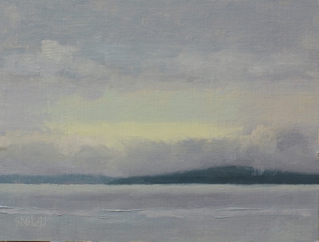 A  plein air oil painting done on location at Golden Gardens Park in Ballard, WA of the view across Puget Sound to Bainbridge Island.